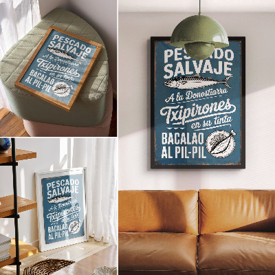 Poster decorativo Motivo retrô de peixe e inscrições em fundo azul.