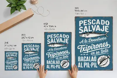 Poster decorativo com motivo retrô de peixe e inscrições em fundo azul