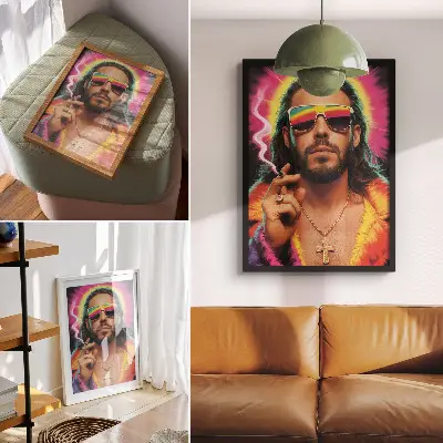 Arte de parede com cores intensas e padrões retrô contrastantes