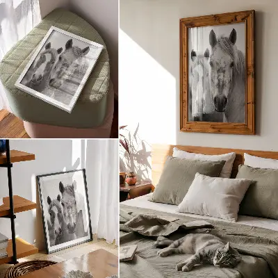 Arte de parede cavalos em uma foto monocromática elegante