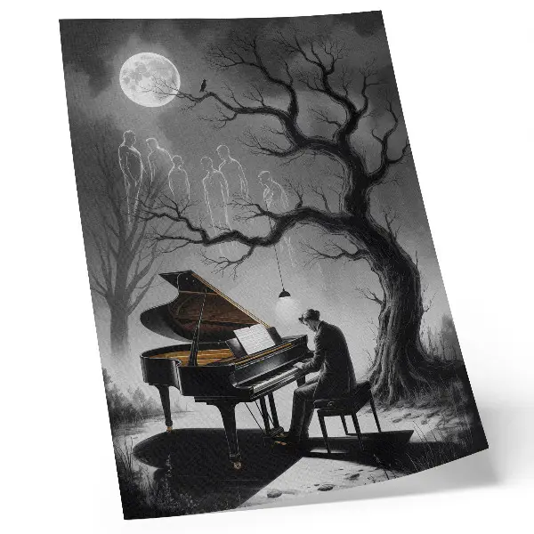 Poster para cozinha com estampas de cores suaves, fantasmas, piano e lua
