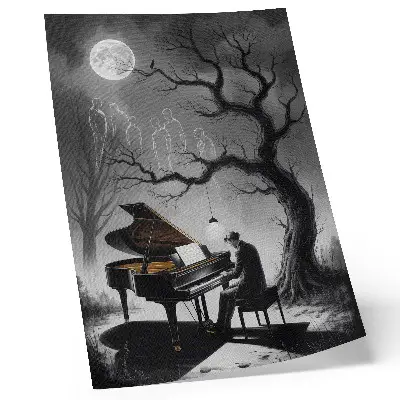 Poster para cozinha com estampas de cores suaves, fantasmas, piano e lua
