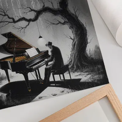 Poster para cozinha com estampas de cores suaves, fantasmas, piano e lua