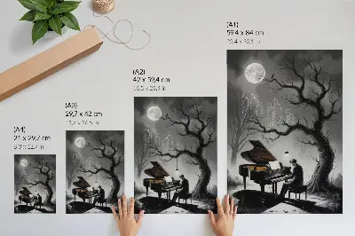 Poster para cozinha com estampas de cores suaves, fantasmas, piano e lua