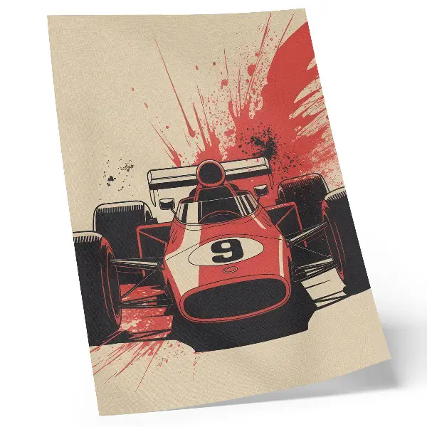 Poster para cozinha com estampa de carro de corrida vermelho e preto em movimento