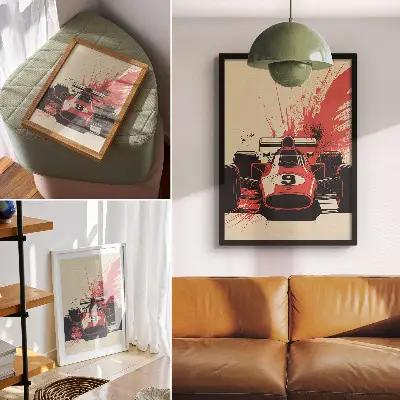 Poster para cozinha com estampa de carro de corrida vermelho e preto em movimento