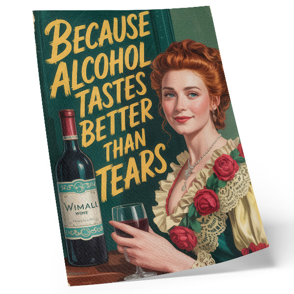 Poster para cozinha Elegância retrô feminina com vinho e inscrição