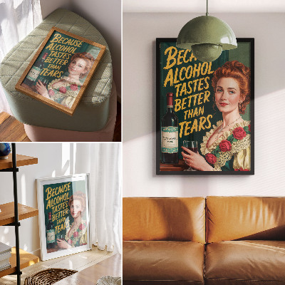 Poster para cozinha Elegância retrô feminina com vinho e inscrição