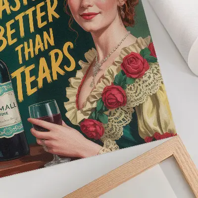 Poster para cozinha com estampa retrô feminina de vinho e inscrição