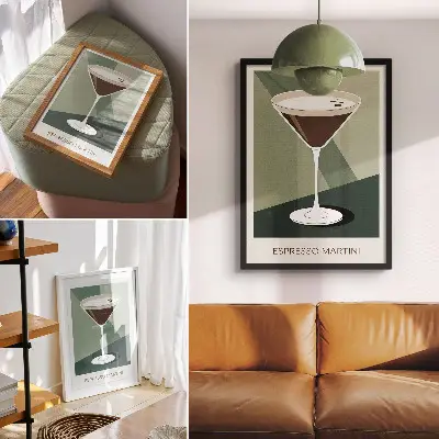 Poster para cozinha martini moderno em tons de verde, bege e branco