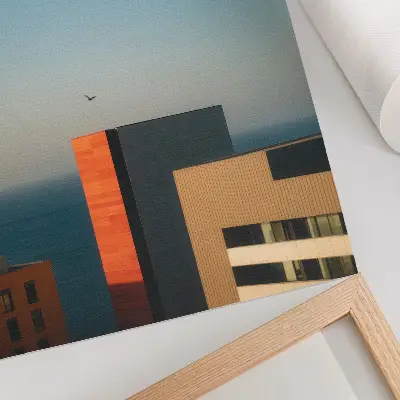Pôster decorativo com temática de modernidade, mar, edifícios, pássaro, imensidão e céu