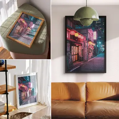 Poster para cozinha com lanternas de néon iluminando as charmosas ruas da cidade à noite