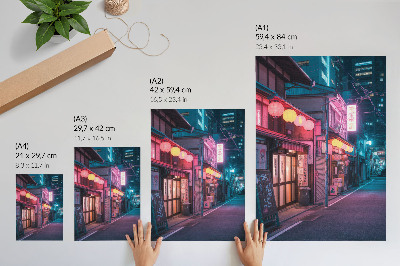 Poster para cozinha Lanternas de néon iluminam as charmosas ruas da cidade à noite.