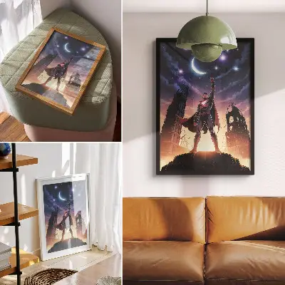 Arte de parede céu noturno com figura dinâmica e ruínas misteriosas