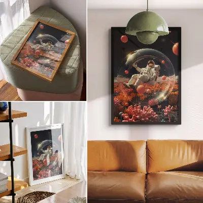 Poster para cozinha com estampa de astronauta no espaço com plantas coloridas e cosmos