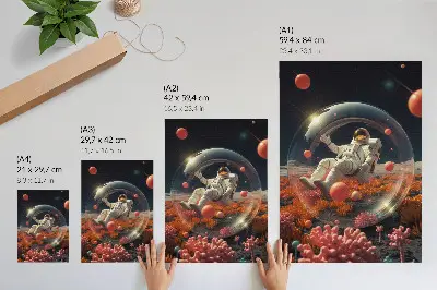 Poster para cozinha com estampa de astronauta no espaço com plantas coloridas e cosmos