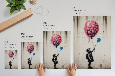 Poster para cozinha Criança com balões em um fundo áspero