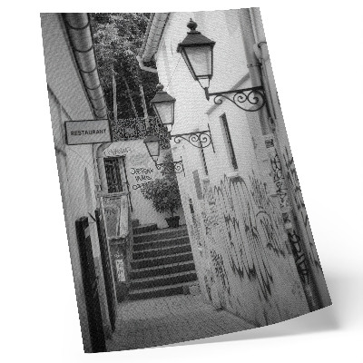 Poster para cozinha Rua em preto e branco com grafites e postes de luz.