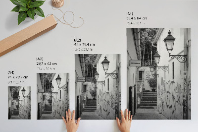 Poster para cozinha Rua em preto e branco com grafites e postes de luz.