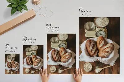 Impressão em tela balança para cesta de pão e farinha sobre superfície de madeira