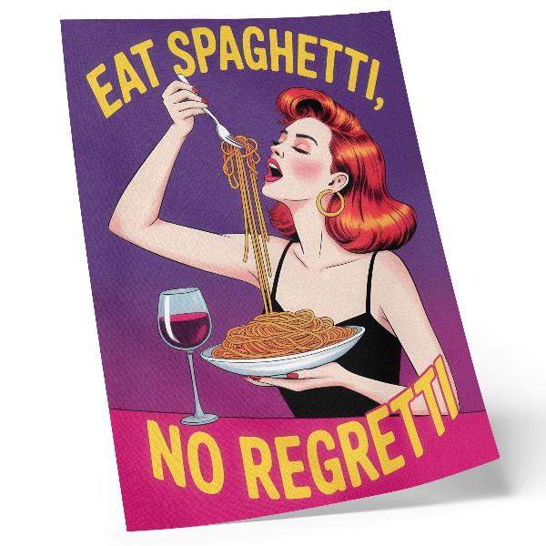 Arte de parede Mulher colorida comendo espaguete com vinho