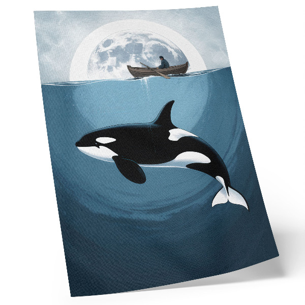 Poster para cozinha Orca subaquática, figura em um barco, lua ao fundo.