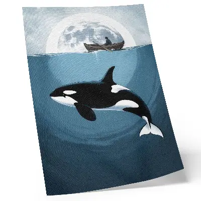 Poster para cozinha orca subaquática com figura em um barco e lua ao fundo