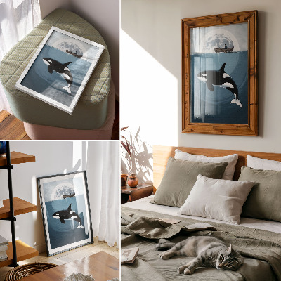 Poster para cozinha Orca subaquática, figura em um barco, lua ao fundo.
