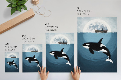 Poster para cozinha Orca subaquática, figura em um barco, lua ao fundo.