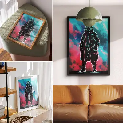 Poster decorativo figura futurista em cores vibrantes contra o céu