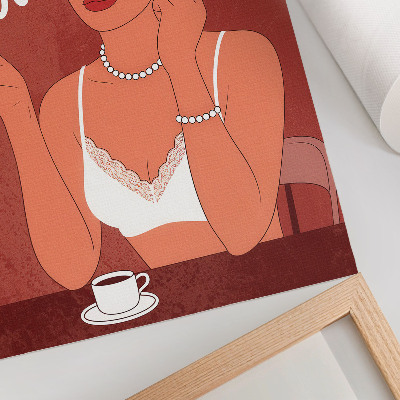 Impressão em tela Retrato elegante, em vermelho e branco, de uma mulher bem-humorada.