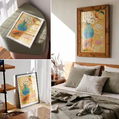 Arte de parede com frutas suculentas e margaridas coloridas em estilo ilustrativo