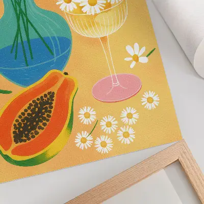 Arte de parede com frutas suculentas e margaridas coloridas em estilo ilustrativo