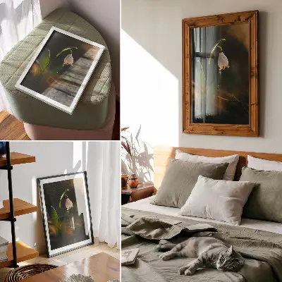 Pôster decorativo folhas verdes de campânulas com luz quente