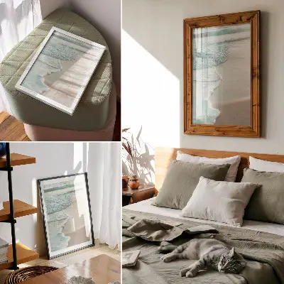 Arte de parede ondas quebrando suavemente na areia com atmosfera tranquila
