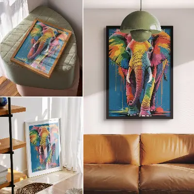 Poster para cozinha elefante colorido com cores intensas e contrastantes