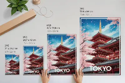Poster para cozinha arquitetura de pagode com flores cor-de-rosa em harmonia