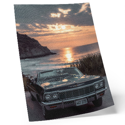 Poster para cozinha carro retrô pôr do sol mar nostálgico