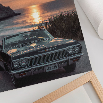 Poster para cozinha carro retrô pôr do sol mar nostálgico
