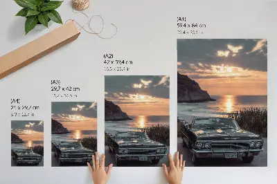 Poster para cozinha carro retrô com pôr do sol em mar nostálgico