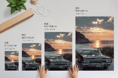 Poster para cozinha carro retrô pôr do sol mar nostálgico
