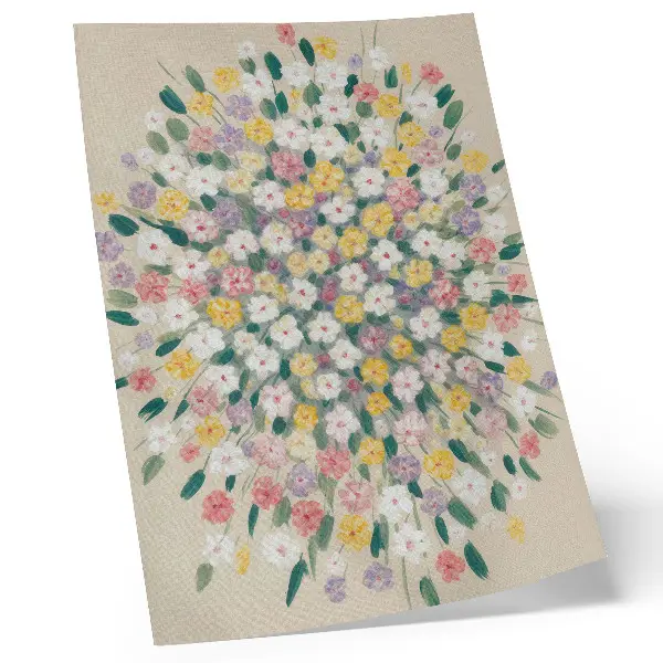 Poster decorativo com estampa de flores coloridas e folhas em tons pastel