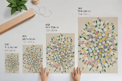 Poster decorativo com estampa de flores coloridas e folhas em tons pastel