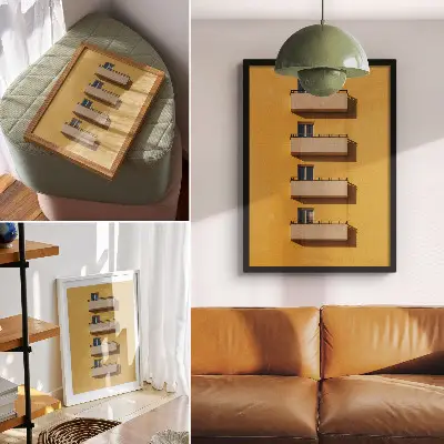 Arte de parede fachada amarela com quatro varandas e composição minimalista
