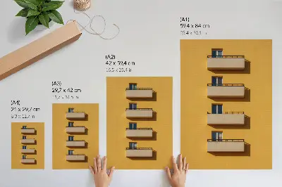 Arte de parede fachada amarela com quatro varandas e composição minimalista