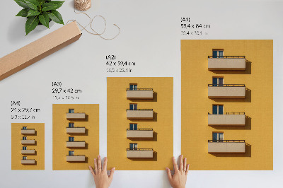 Arte de parede Fachada amarela, quatro varandas, composição minimalista.