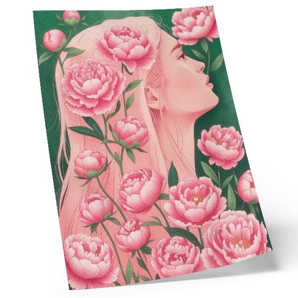 Poster para cozinha Uma mulher entre peônias cor-de-rosa contra um fundo verde.