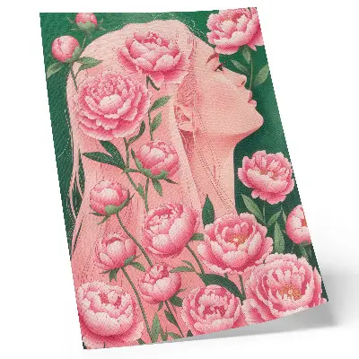 Poster para cozinha uma mulher entre peônias cor-de-rosa com fundo verde