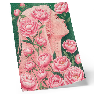 Poster para cozinha Uma mulher entre peônias cor-de-rosa contra um fundo verde.