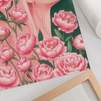 Poster para cozinha Uma mulher entre peônias cor-de-rosa contra um fundo verde.